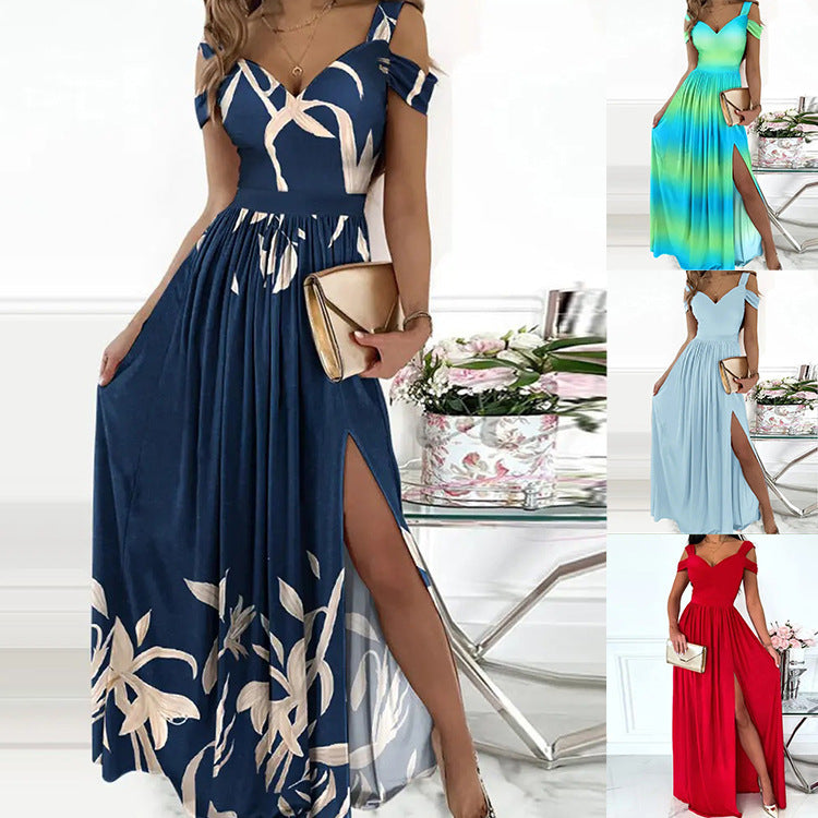 V-Neck Gradient A-Line Long Dress with Slit – Sexy & Stylish V-neck | Boho Spaghetti Strap Dress Women Split Long Flowy Dresses For Party Beach