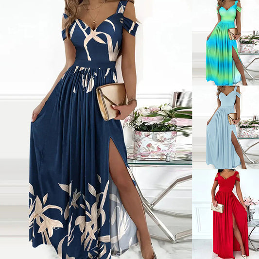 V-Neck Gradient A-Line Long Dress with Slit – Sexy & Stylish V-neck | Boho Spaghetti Strap Dress Women Split Long Flowy Dresses For Party Beach