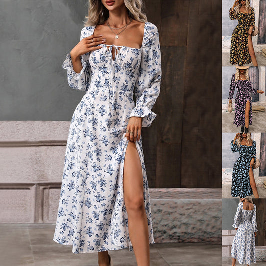 Boho Breeze Split Maxi Dress Printing Long Sleeve  Square-neck Bottom Slit Dresses Boho Style 2025