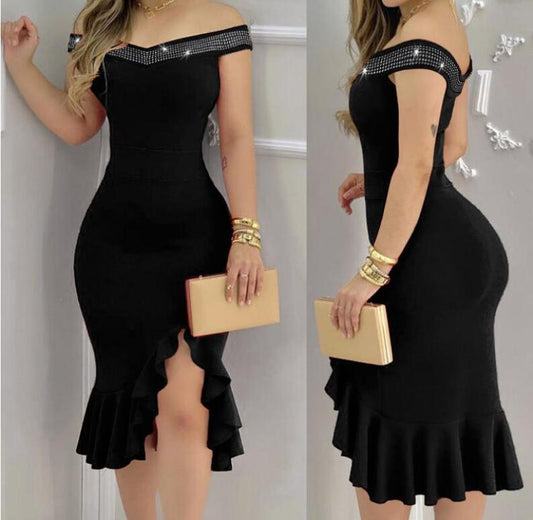 Women's Ruffled Mid-length Off-shoulder Rhinestone Dress