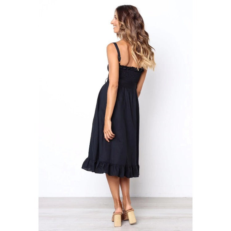Solid color suspenders elastic bust fungus lace lace ruffled midi skirt