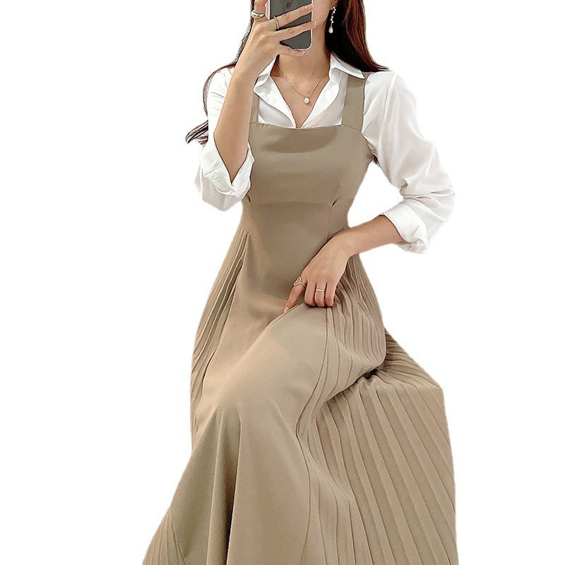 Lapel Tied Long Sleeve Shirt High Waist Side Pleated Suspender Dress For Women
