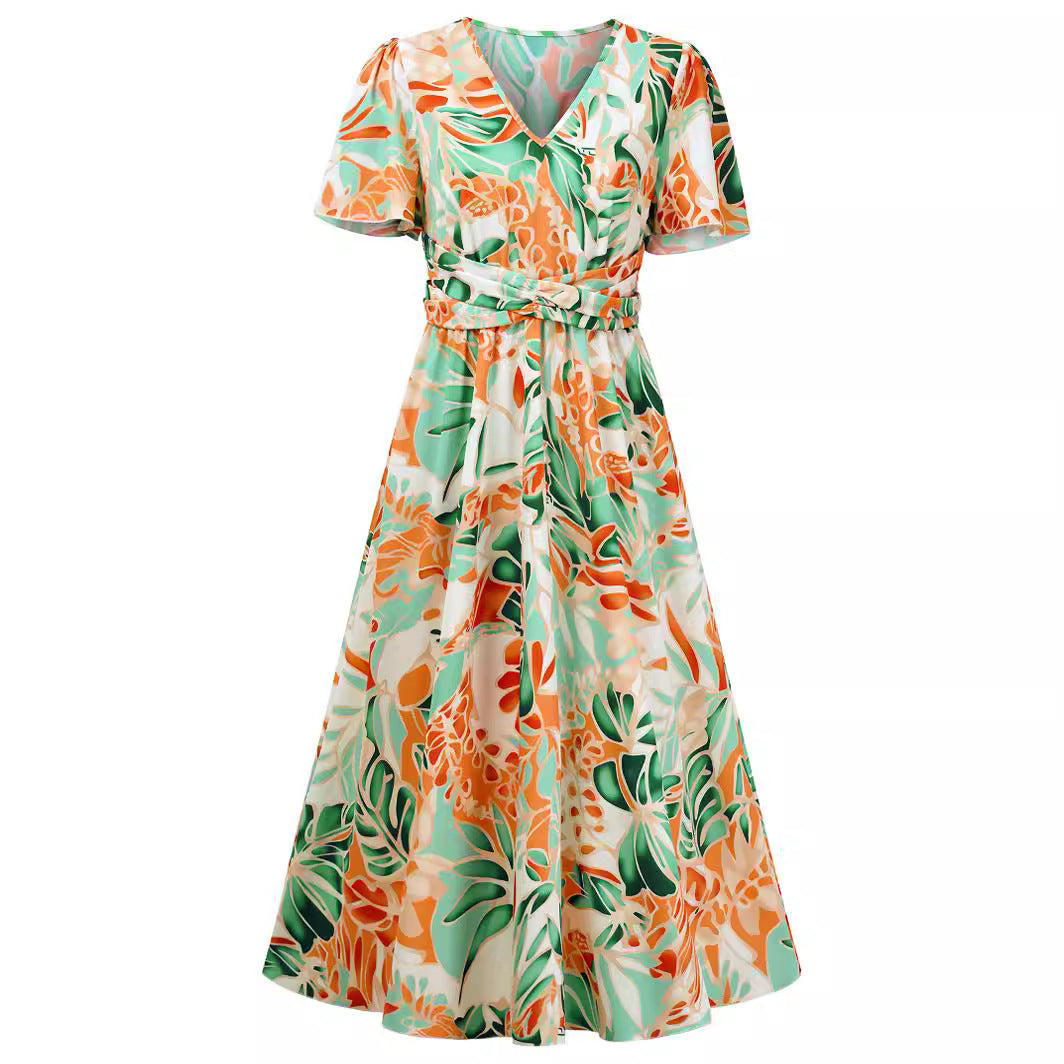 Casual Summer Short Sleeve Printed V-neck Dress