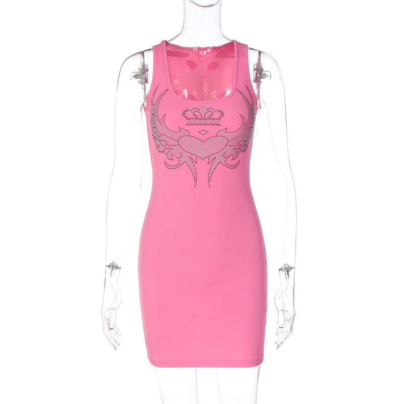 High Waist Dress Rhinestone Slim Sleeveless