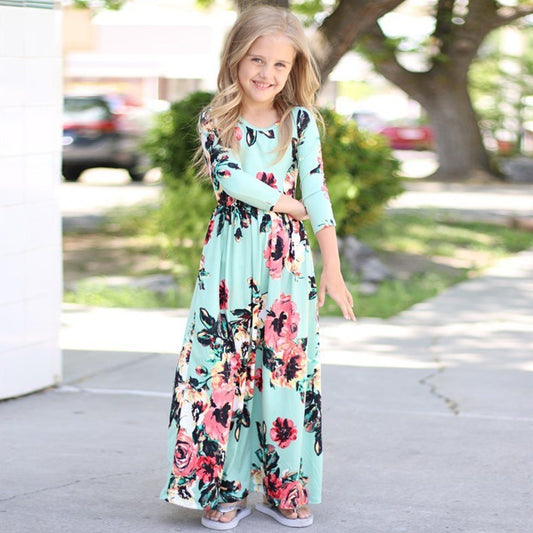 Children's dresses European style round neck print girls dressses