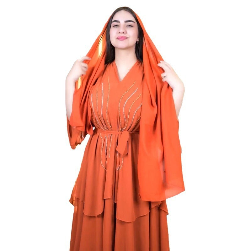 Women's Chiffon Rhinestone Cake Dress With Headscarf