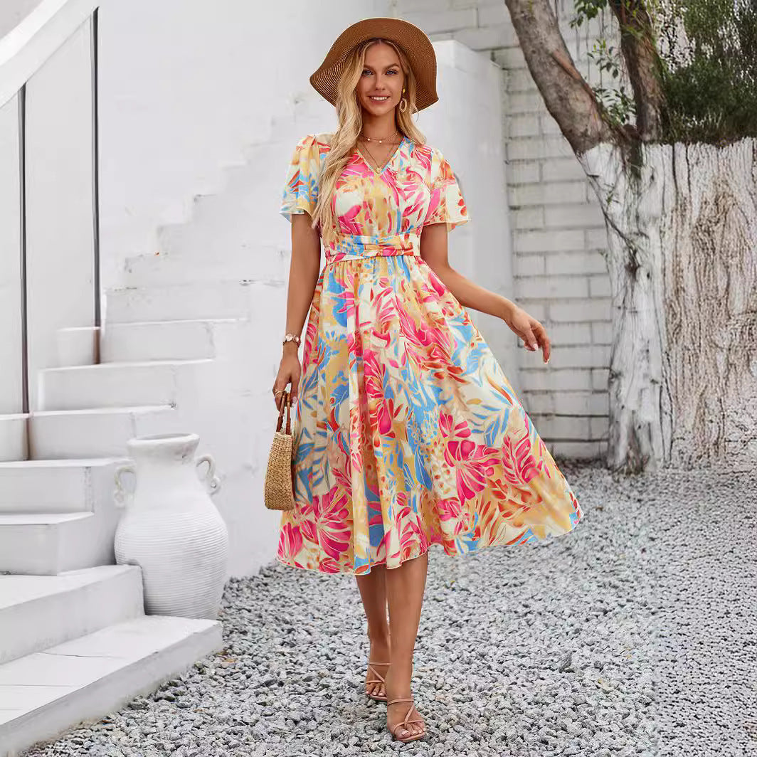 Casual Summer Short Sleeve Printed V-neck Dress