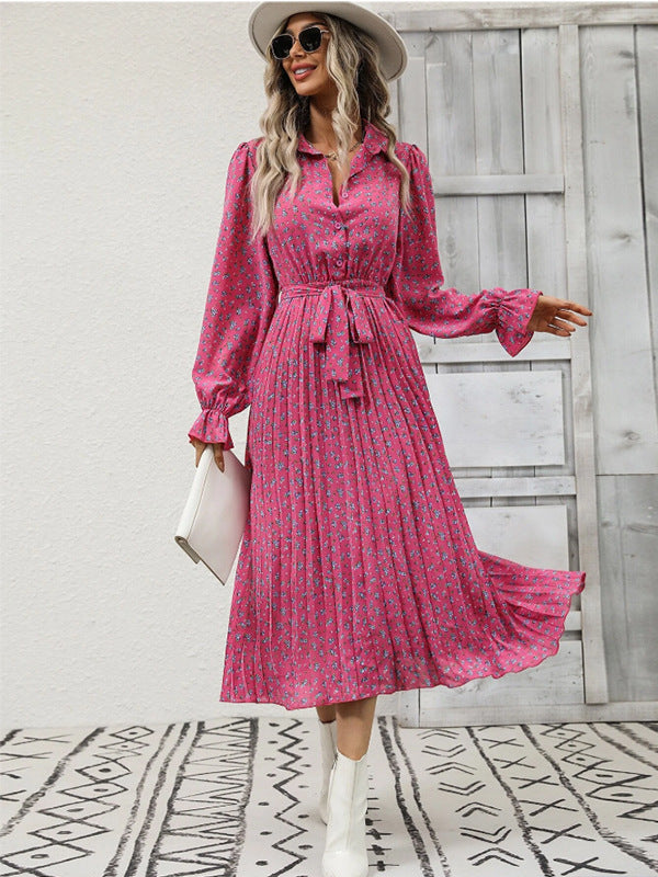 Fashion Tie Pleated Long Sleeve Big Hem Dress