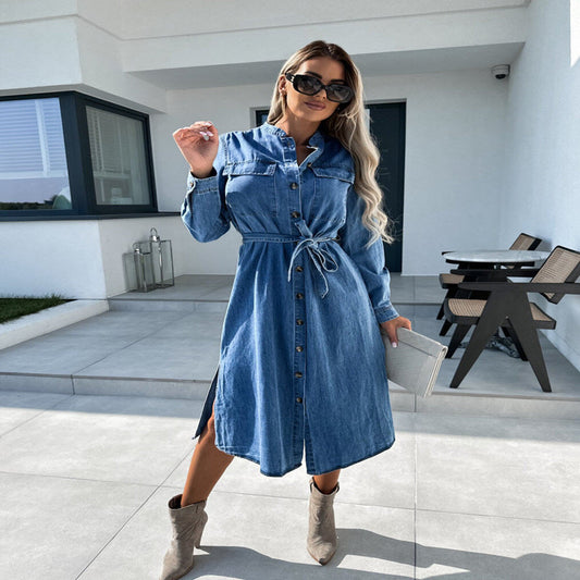 Women's Casual Polo Collar Waist-controlled Lace-up Anti-denim Dress