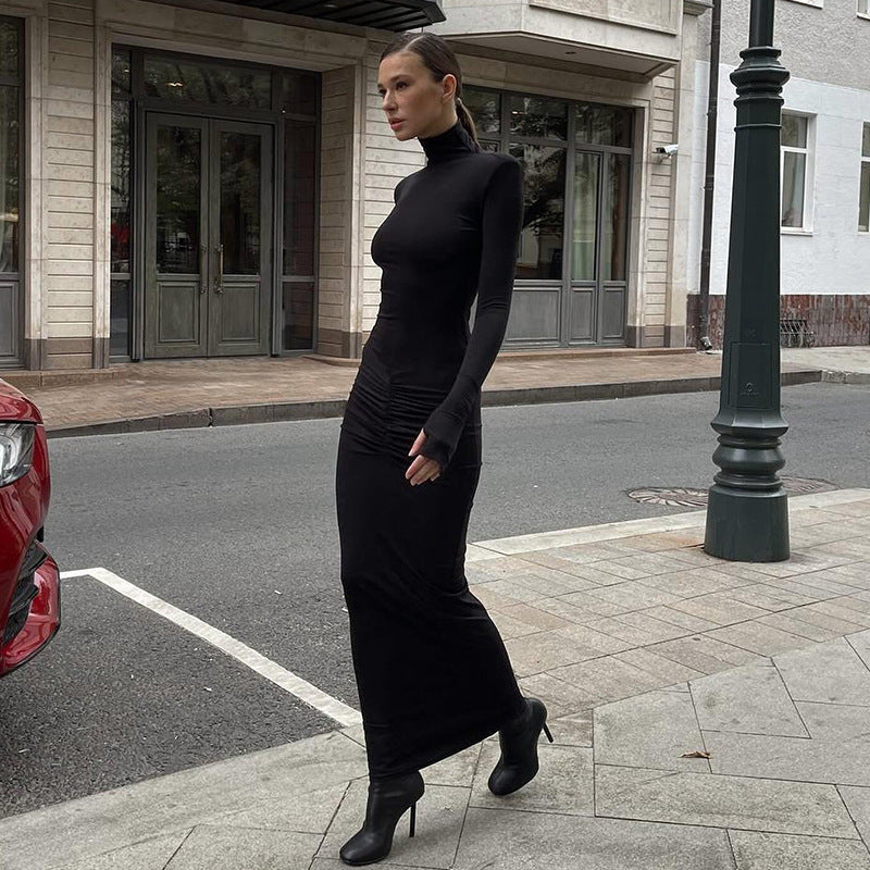 Autumn And Winter New High Neck Long Sleeve Fashion Pleated Dress