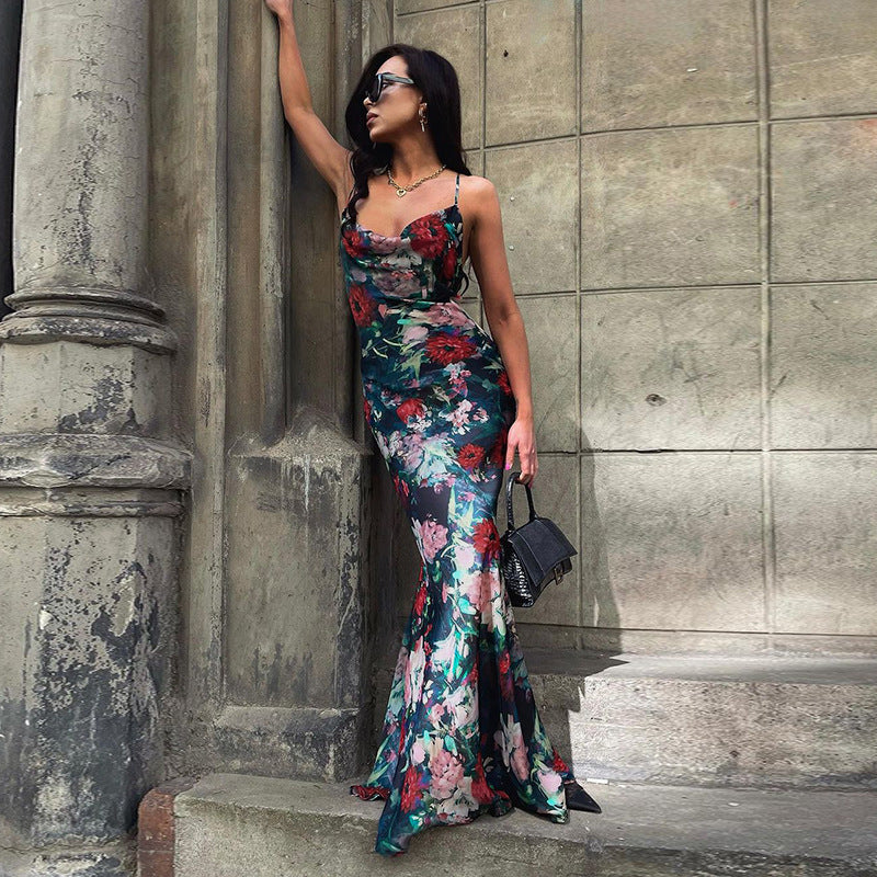 Elegant Black Floral Chinese Style High-Waisted Sling Dress