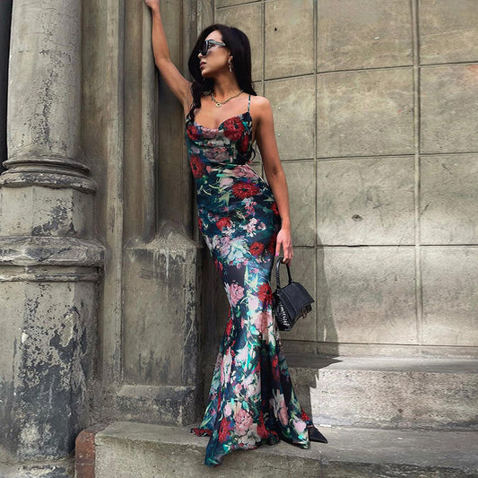 Elegant Black Floral Chinese Style High-Waisted Sling Dress