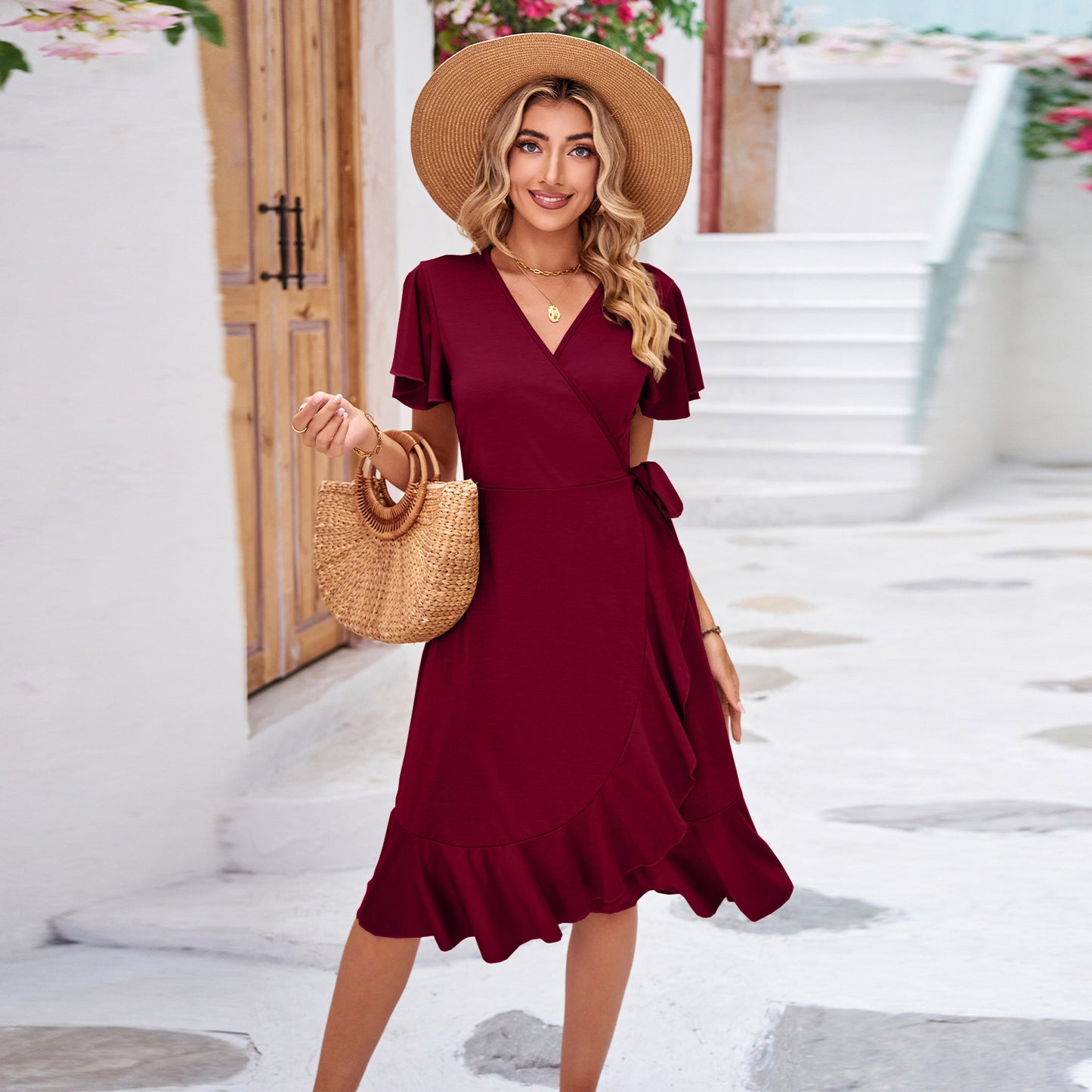 Cross V-neck Short Sleeve Lace-up Dress Irregular Tight Skirt