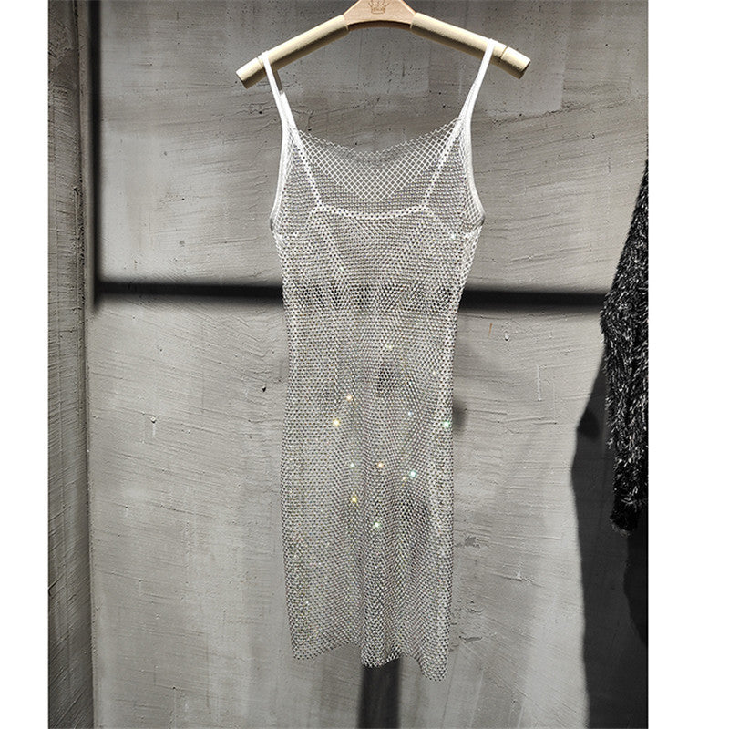 Light Diamond Elegant Crystal Sheath Mid Length Dress