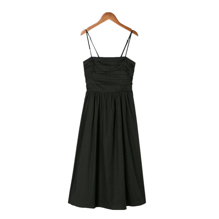 Summer New Style Thin Shoulder Strap Pleated Slim-Fit Large-Length Mid-Length Dress With Dress
