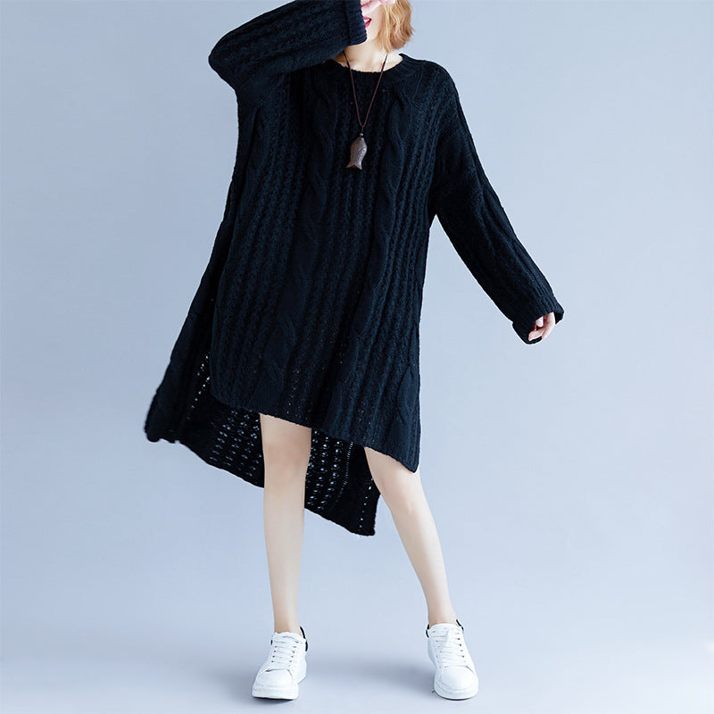 Women's round neck slit long sleeve solid color twist sweater dress