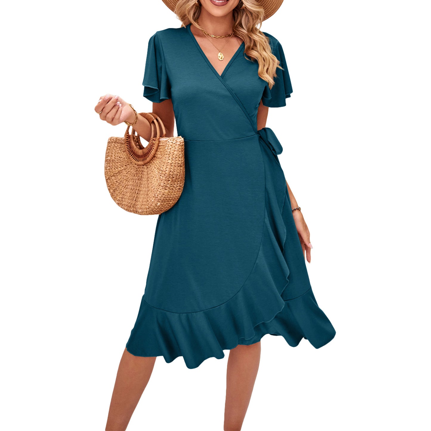 Cross V-neck Short Sleeve Lace-up Dress Irregular Tight Skirt
