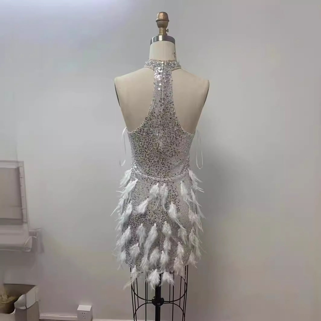 Sequined Feather Skirt Hollow-out Halter Dress