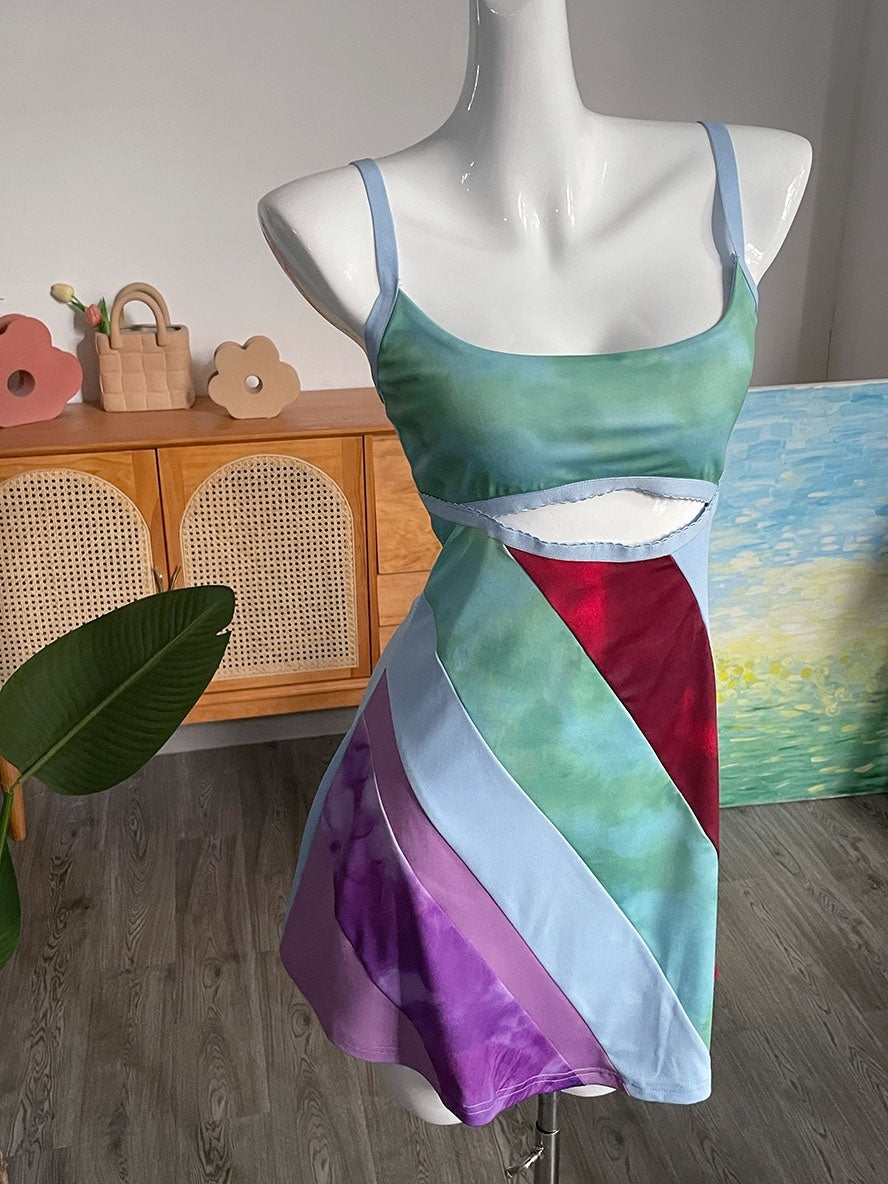 Y2K Aesthetic Patchwork Front Cut Out Stripe Spaghetti Strap Sexy Rave Party Dresses