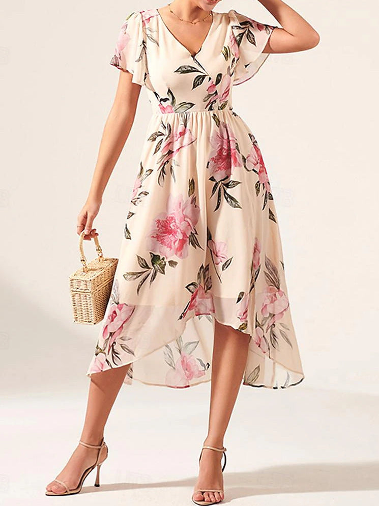 Floral A-Line V-neck Mid-length Slim-fit Printed Dress| Womens Day Dresses