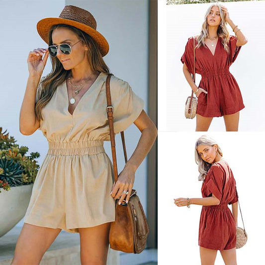 Short Sleeve Solid Color V-neck Jumpsuit