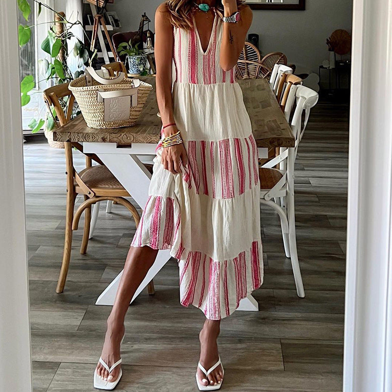 Striped Printed V-neck Sleeveless Maxi Dress