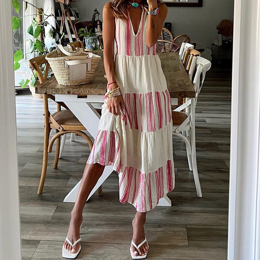 Striped Printed V-neck Sleeveless Maxi Dress