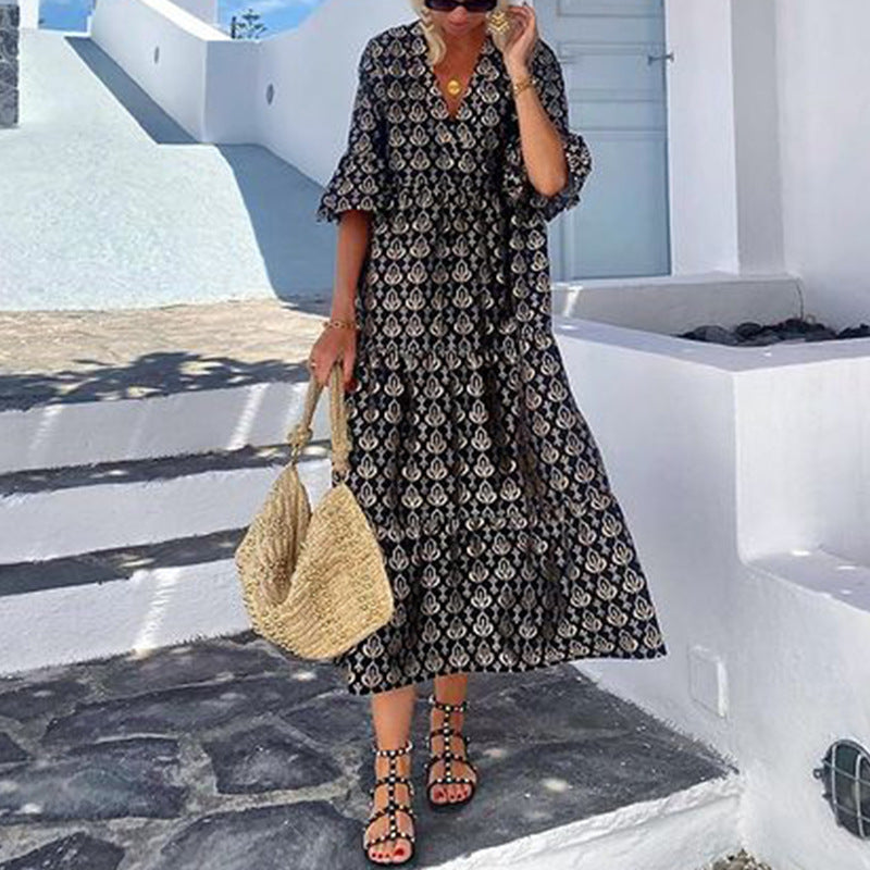 Women's Fashion V-neck Mid-length Dress