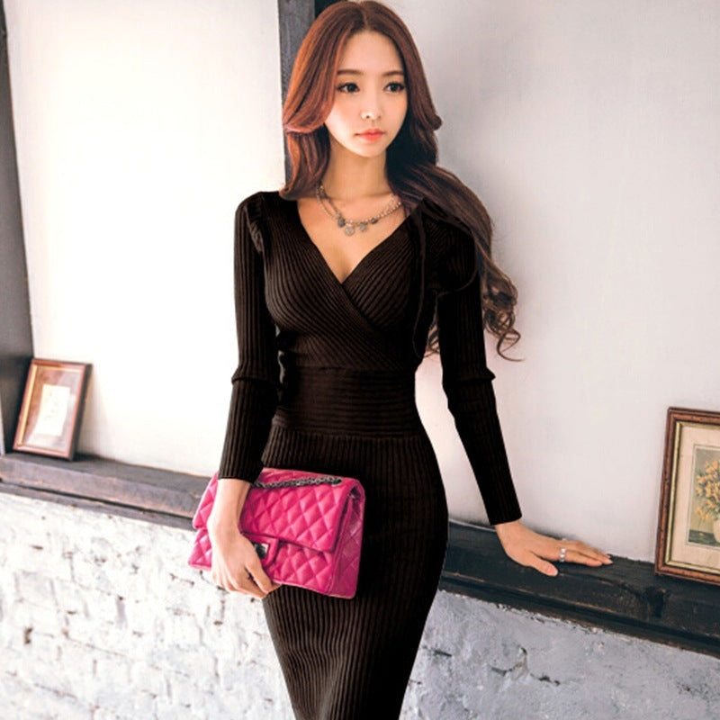 Slim-fit slim elastic tight-fitting hips with a sweater knit dress