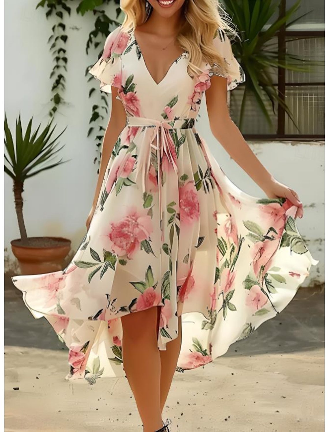 Floral A-Line V-neck Mid-length Slim-fit Printed Dress| Womens Day Dresses