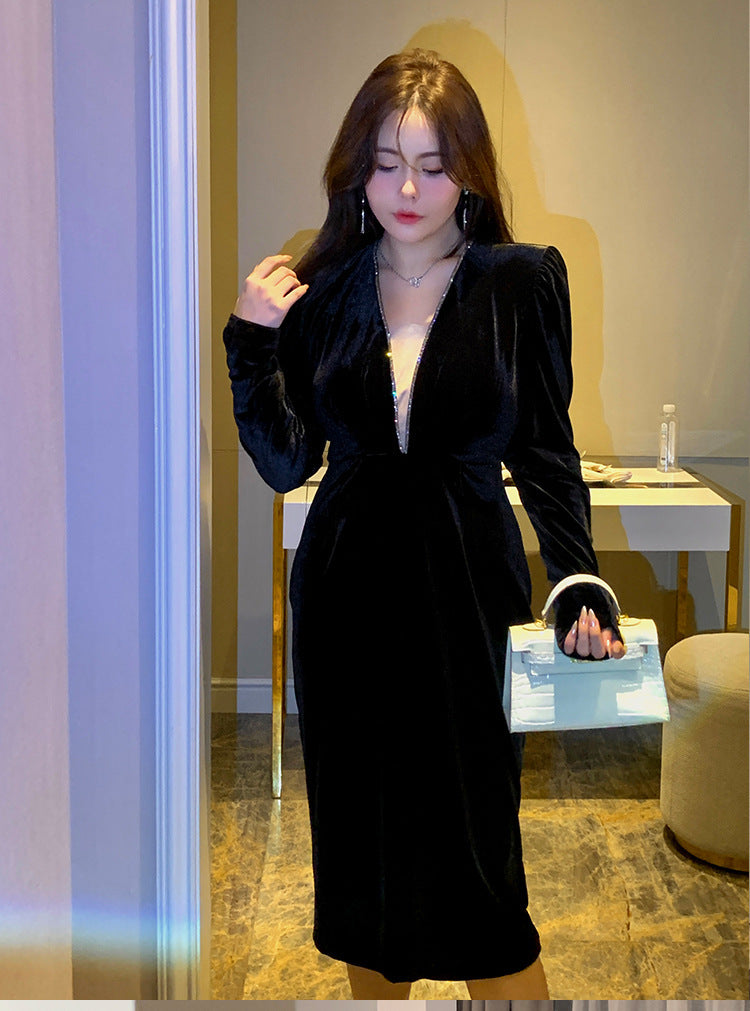 Polyester Slightly Large Size Dress Winter Belly-covering Slimming Sheath Gold Velvet Black Dress A- Line Skirt