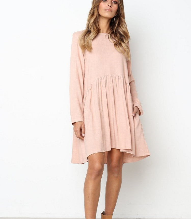 Round neck long sleeve cotton and linen skirt