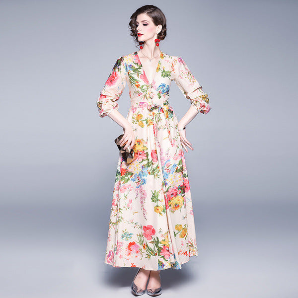 Ladies V-neck long sleeve cotton and linen dress