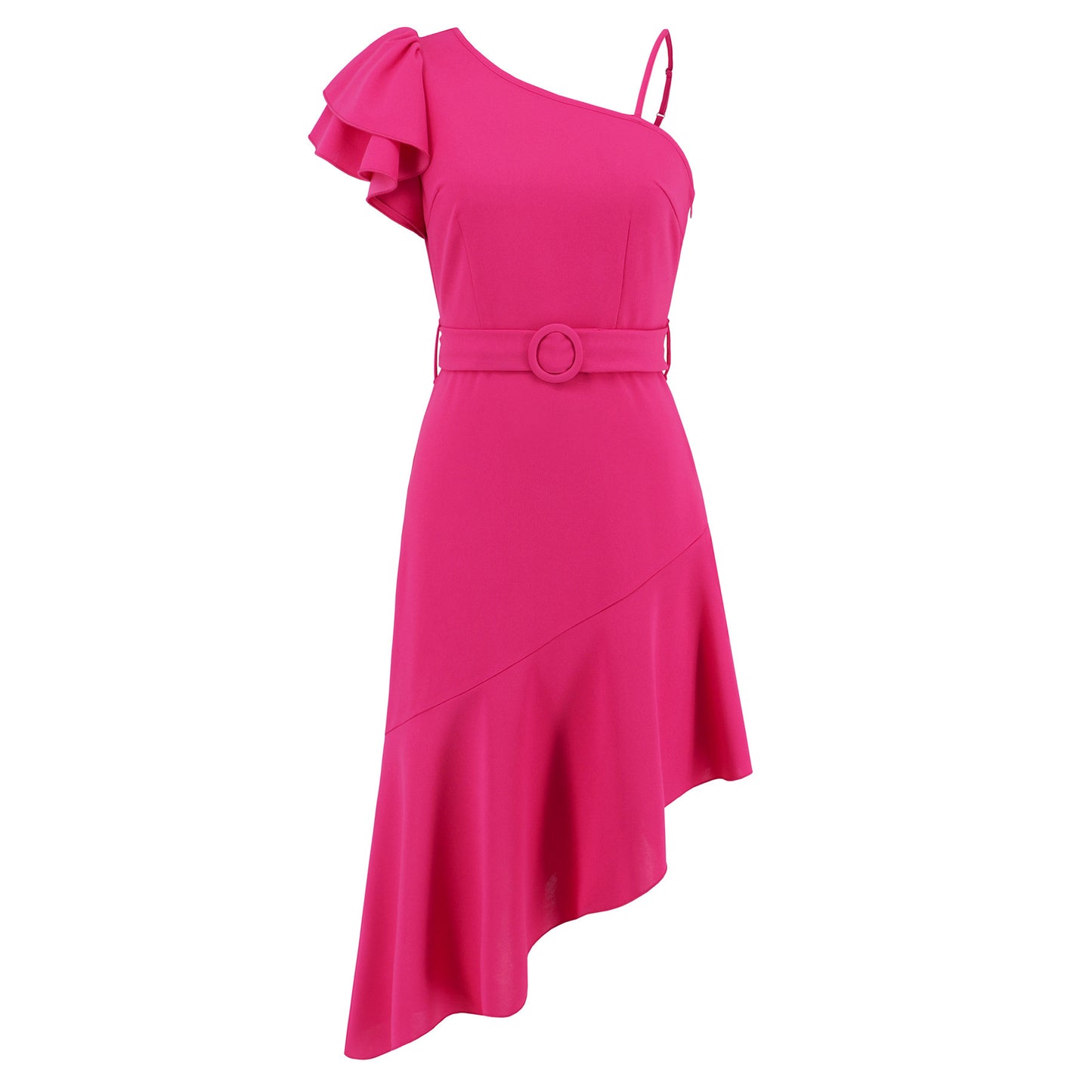 European And American High Waist Irregular Hem Dress Ruffled Spaghetti Straps