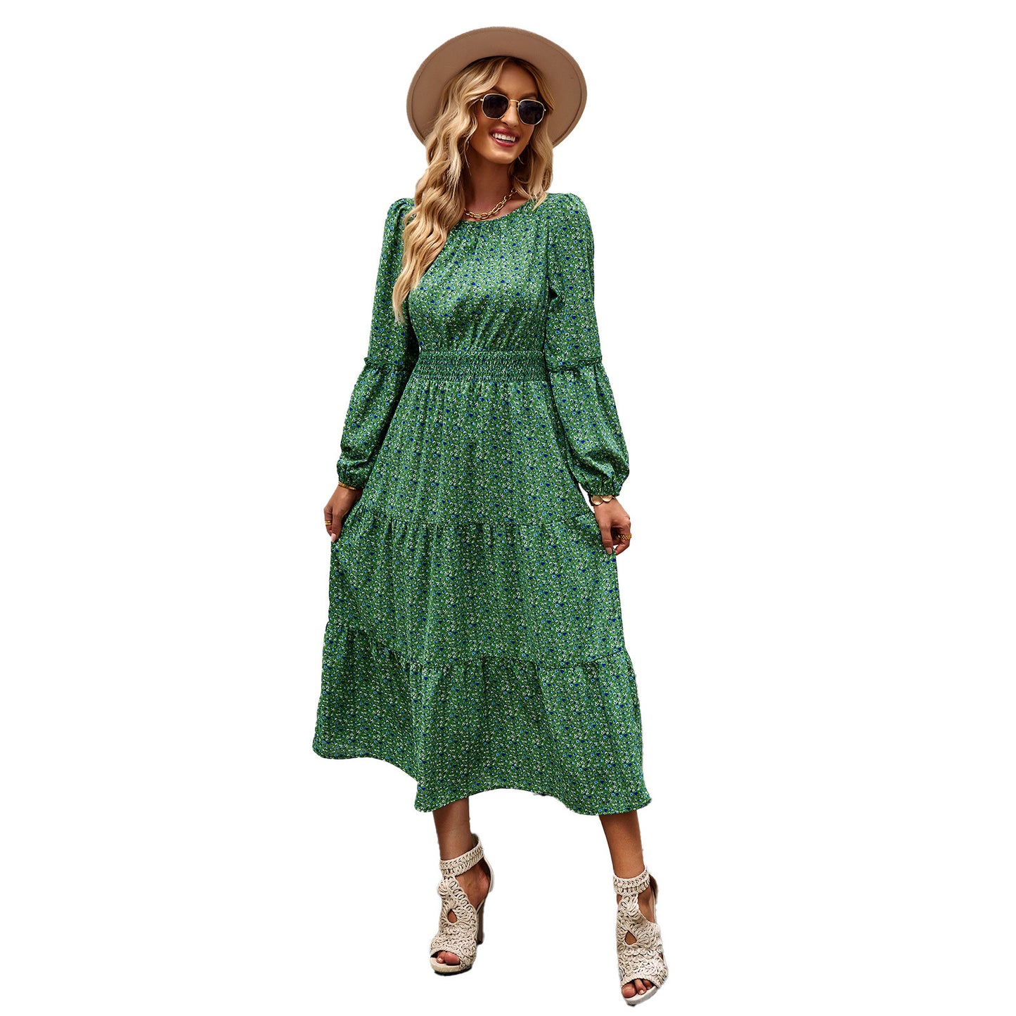 European And American Printed Lantern Sleeve Round Neck Smocking Dress