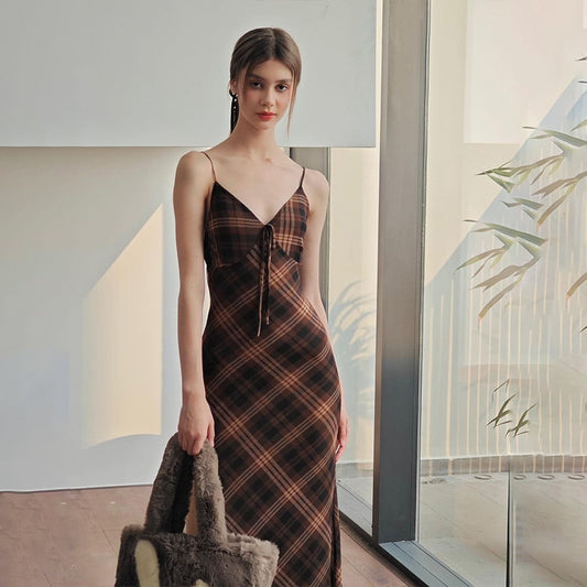 European And American Fashion Retro Plaid Pure Desire Socialite Temperament Slim Strap Dress