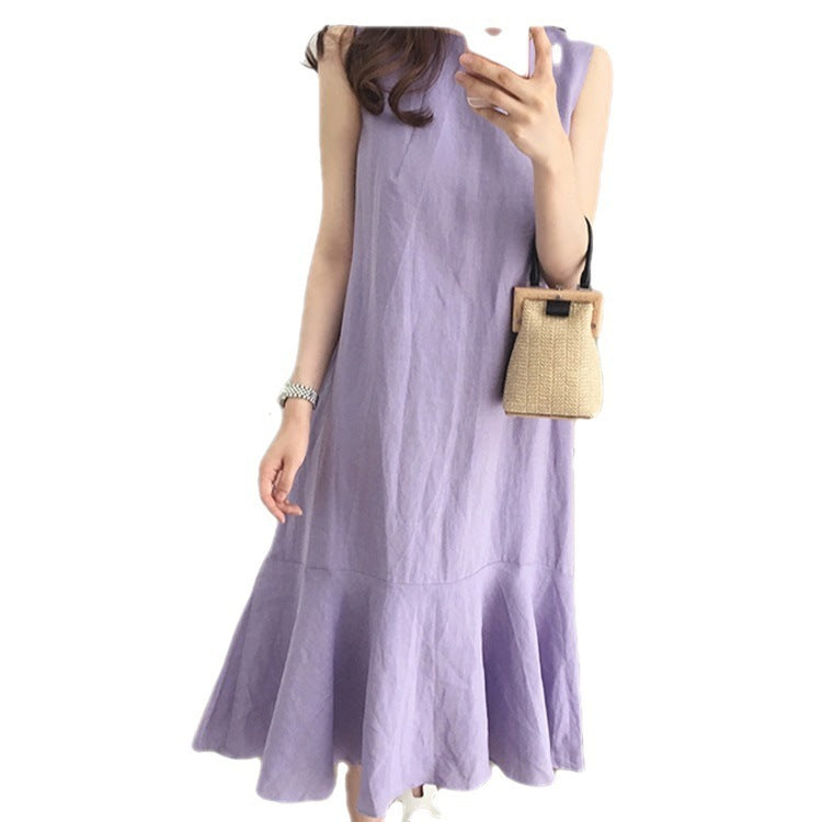 Taro Purple Linen Dress Casual Sleeveless Loose Slimming Fishtail