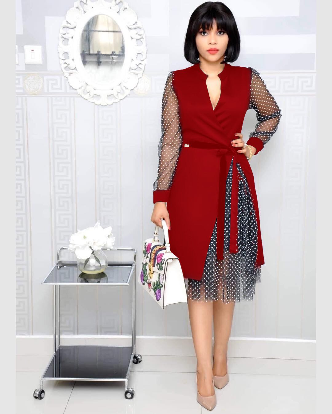 European And American Large Size Polka Dot Net Yarn V-neck Stitching Dress Mother Dress