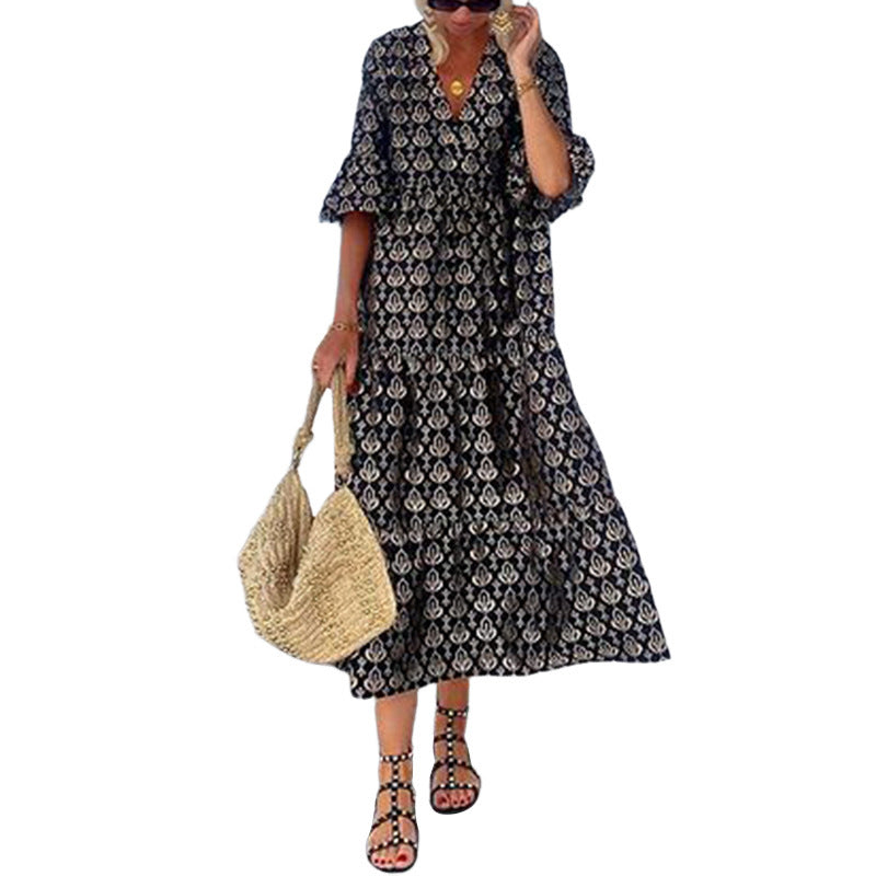 Women's Fashion V-neck Mid-length Dress