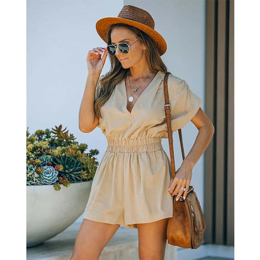 Short Sleeve Solid Color V-neck Jumpsuit