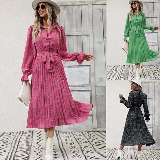 Fashion Tie Pleated Long Sleeve Big Hem Dress