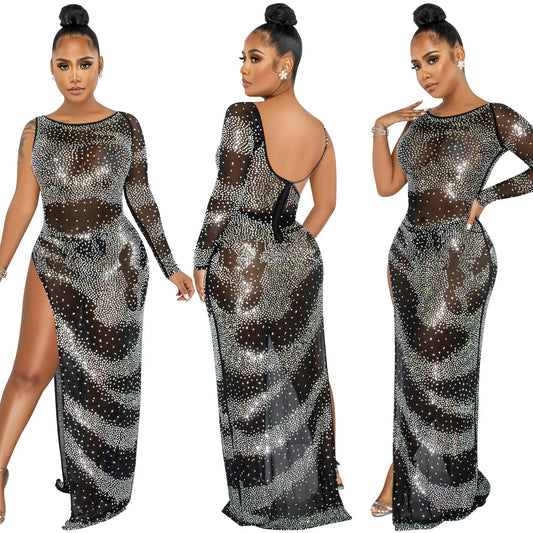 Fashion Nightclub Hot Drilling Single Long Sleeve Irregular Slit Maxi Dress