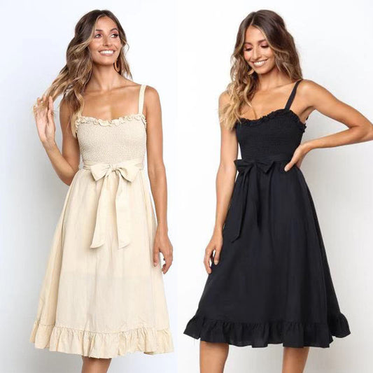 Solid color suspenders elastic bust fungus lace lace ruffled midi skirt