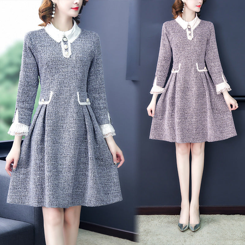 Doll Collar Long-sleeved Small Incense Wind Dresses Female Thin Medium-length A-line Dress