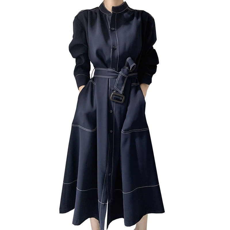 Women's long-sleeved shirt skirt with lace-up waist slimming