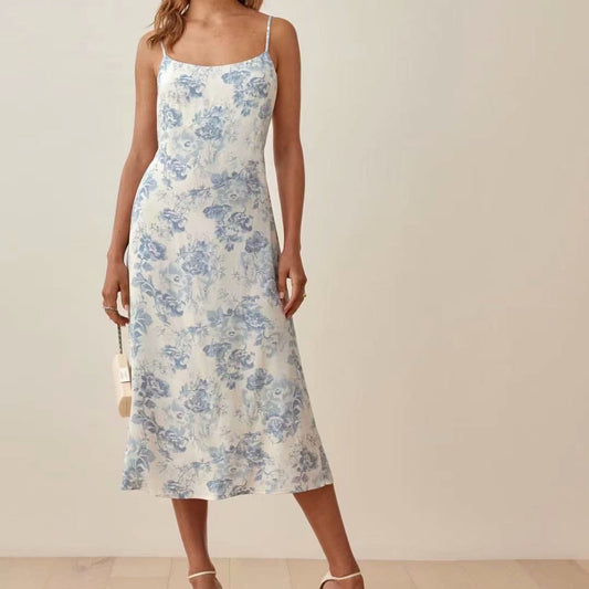 Digital Blue Flower Halter Strap Dress