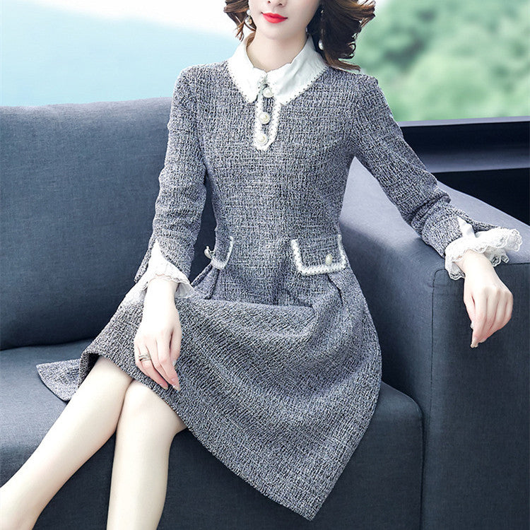 Doll Collar Long-sleeved Small Incense Wind Dresses Female Thin Medium-length A-line Dress