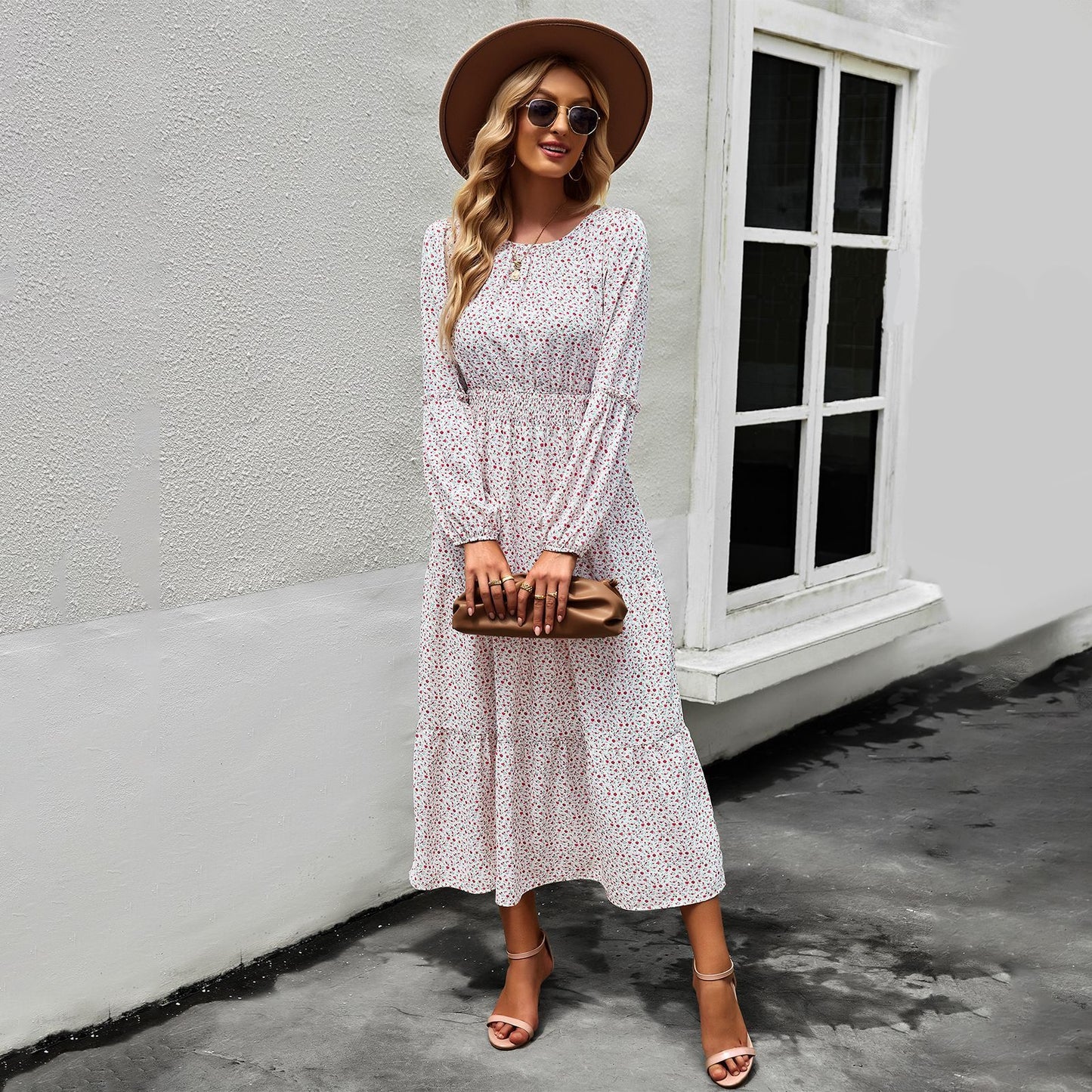 European And American Printed Lantern Sleeve Round Neck Smocking Dress