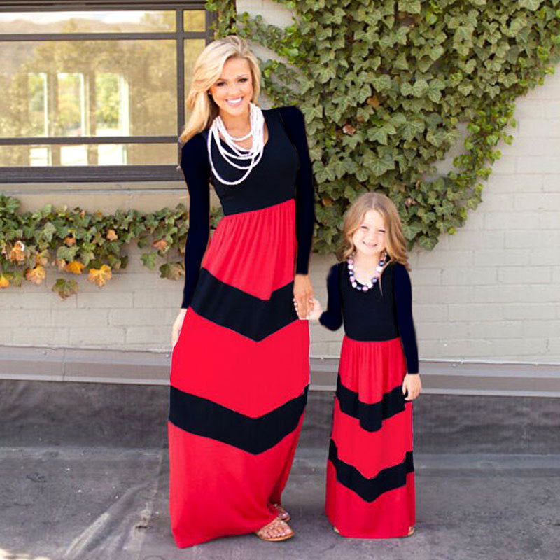 Solid Color Patchwork Mother And Daughter Long Sleeve Dress
