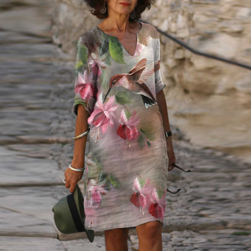 New Women's V-Neck Mid-Length Printed Dress